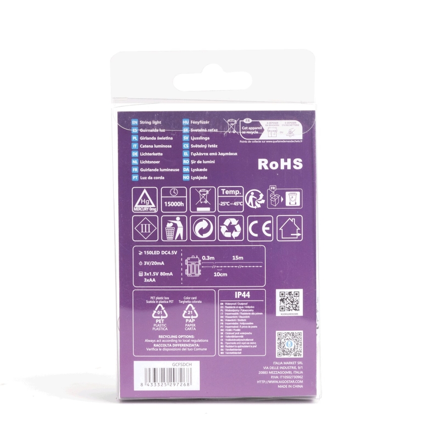 Aigostar - LED Venkovní  řetěz 150xLED/8 funkcí/3xAA 15,3m IP44 studená bílá