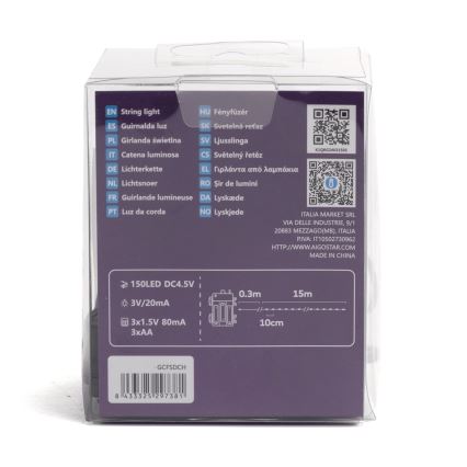 Aigostar -LED Venkovní  řetěz 150xLED/8 funkcí 3xAA 15,3m IP44 multicolor