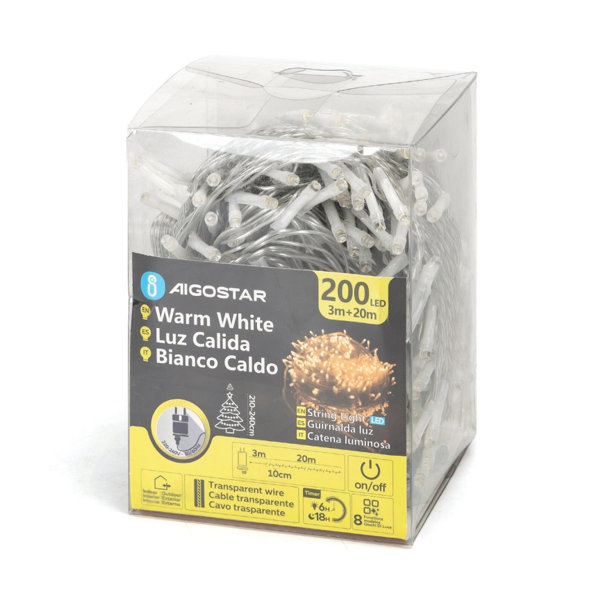 Aigostar - LED Venkovní  řetěz 200xLED/8 funkcí 23m IP44 teplá bílá