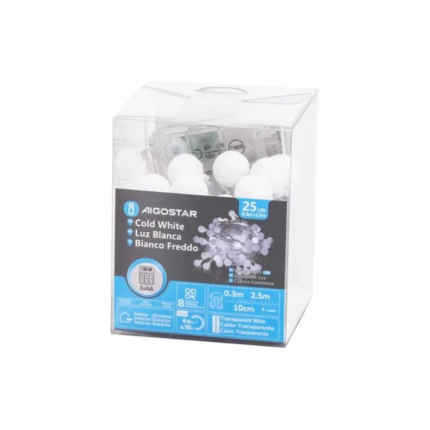 Aigostar - LED Venkovní vánoční řetěz 25xLED/3xAA/8 funkcí 2,8 m IP44 studená bílá