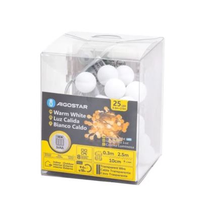 Aigostar-LED Venkovní  řetěz 25xLED/3xAA/8 funkcí 2,8 m IP44 teplá bílá