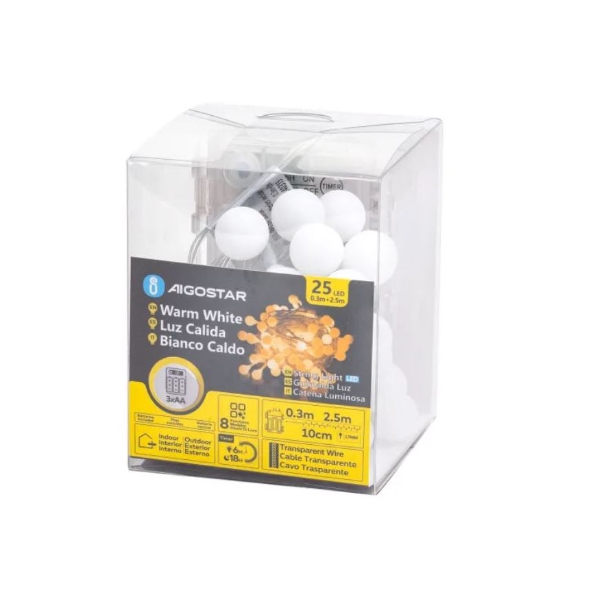 Aigostar-LED Venkovní  řetěz 25xLED/3xAA/8 funkcí 2,8 m IP44 teplá bílá