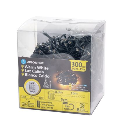 Aigostar-LED Venkovní  řetěz 300xLED/8 funkcí 3xAA 15,3m IP44 teplá bílá