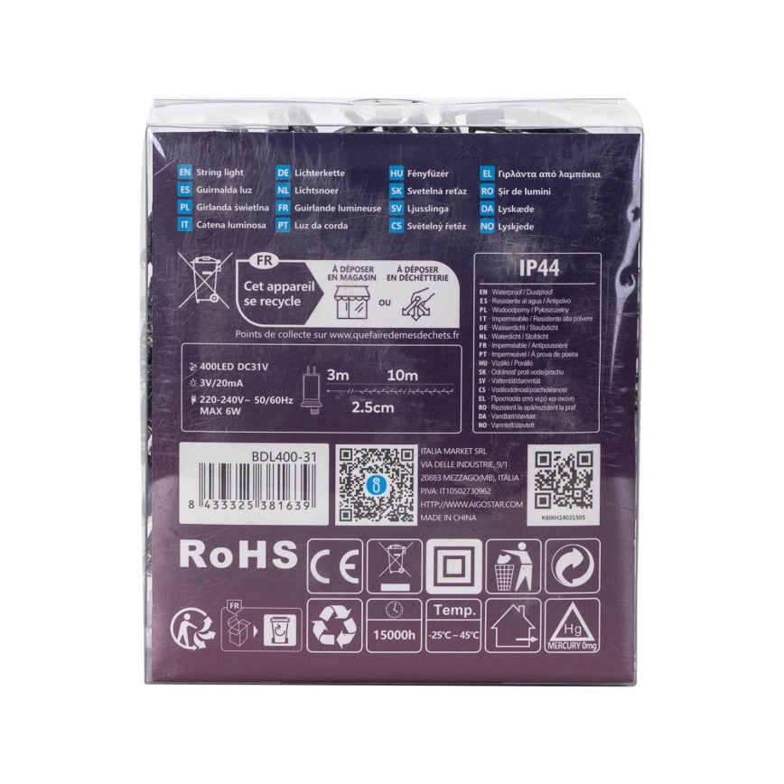 Aigostar - LED Venkovní  řetěz 400xLED/8 funkcí 13m IP44 studená bílá