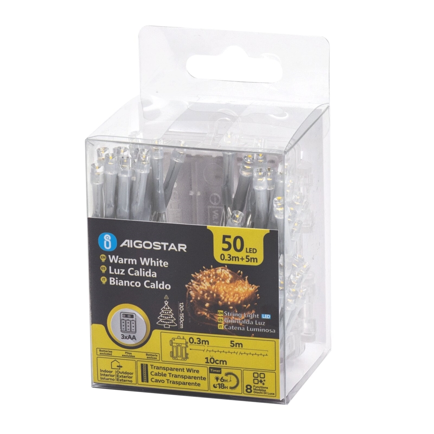 Aigostar - LED Venkovní  řetěz 50xLED/8 funkcí 3xAA 5,3m IP44 teplá bílá