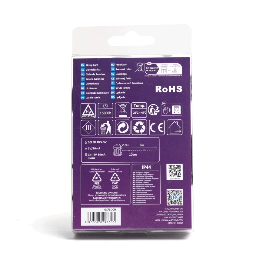 Aigostar - LED Venkovní  řetěz 50xLED/8 funkcí 3xAA 5,3m IP44 teplá bílá