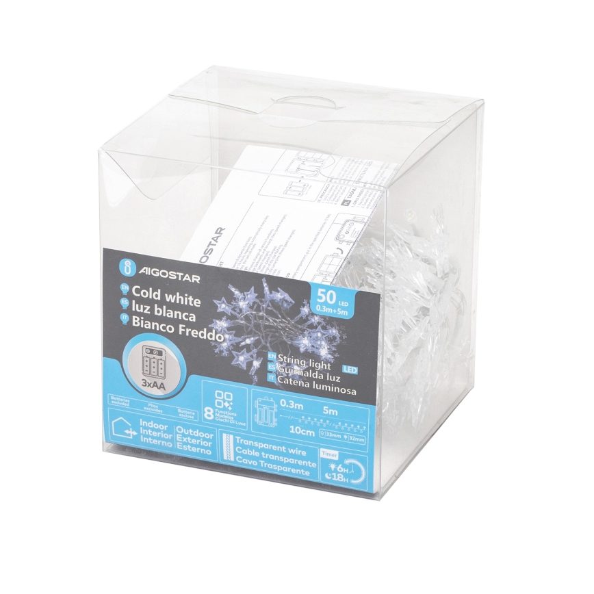 Aigostar - LED Venkovní  řetěz 50xLED/8 funkcí 3xAA 5 m IP44 studená bílá