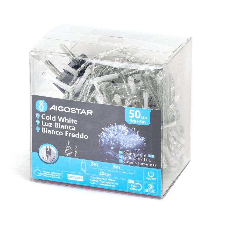 Aigostar - LED Venkovní  řetěz 50xLED/8 funkcí 8m IP44 studená bílá