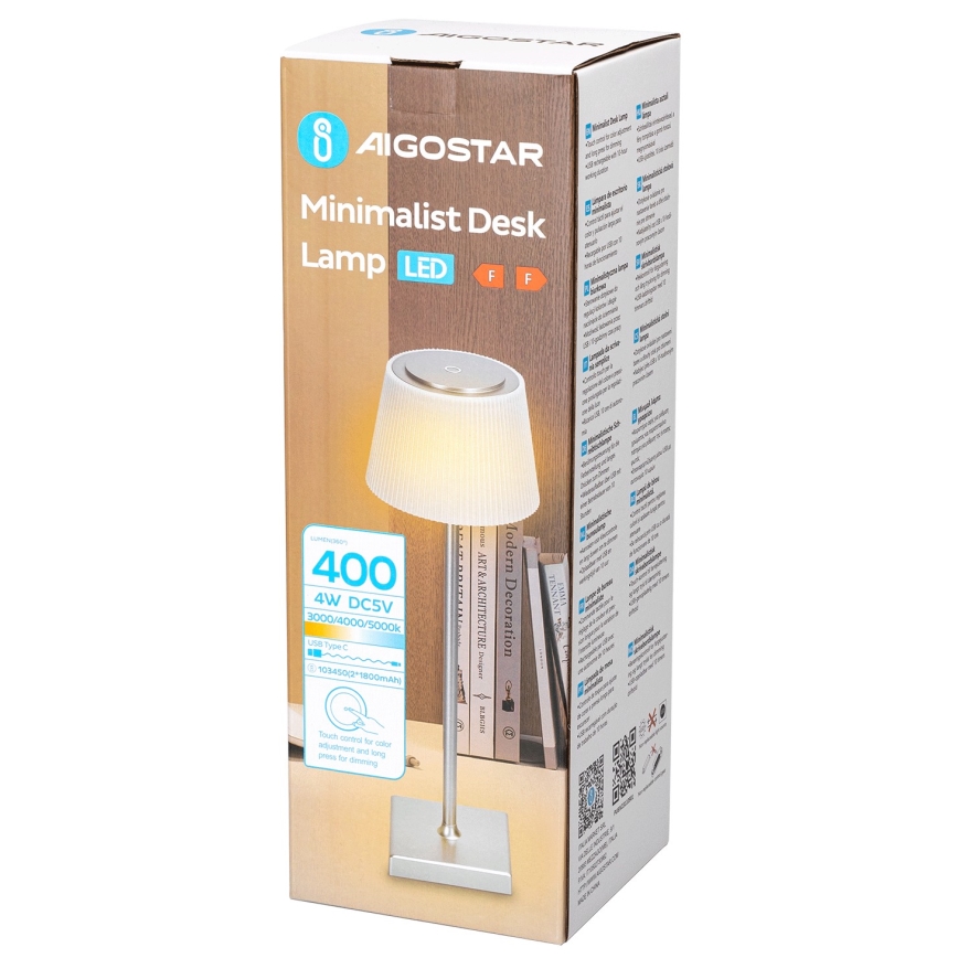 Aigostar - LED Venkovní stmívatelná nabíjecí stolní lampa LED/4W/5V 3600mAh bílá/matný chrom IP54