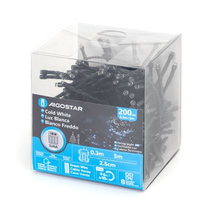 Aigostar - LED Venkovní vánoční řetěz 200xLED/8 funkcí 3xAA 5,3 m IP44 studená bílá
