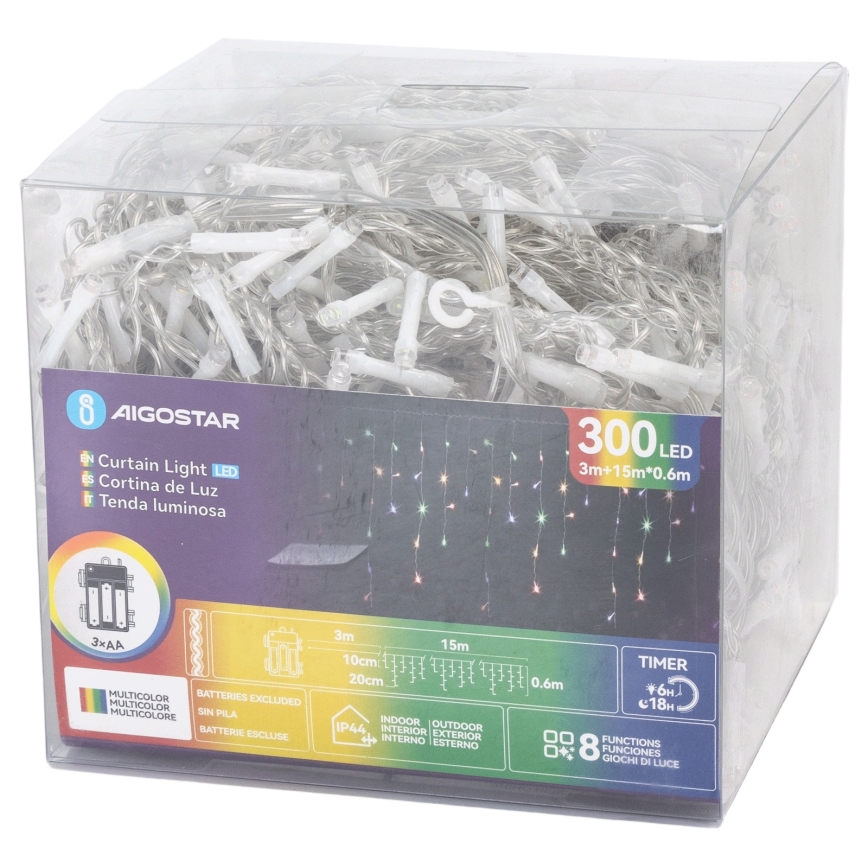 Aigostar - LED Venkovní vánoční řetěz 300xLED/8 funkcí 3xAA 18x0,6 m IP44 multicolor
