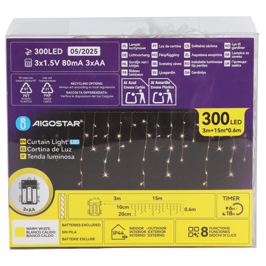 Aigostar - LED Venkovní vánoční řetěz 300xLED/8 funkcí 3xAA 18x0,6 m IP44 teplá bílá
