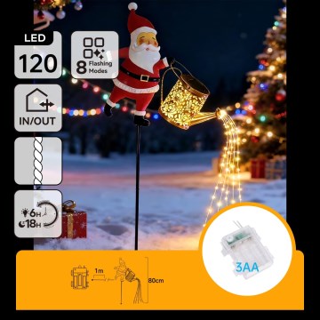 Aigostar - LED Venkovní vánoční dekorace 120xLED/3xAA/8 funkcí 80 cm IP44 Santa/teplá bílá