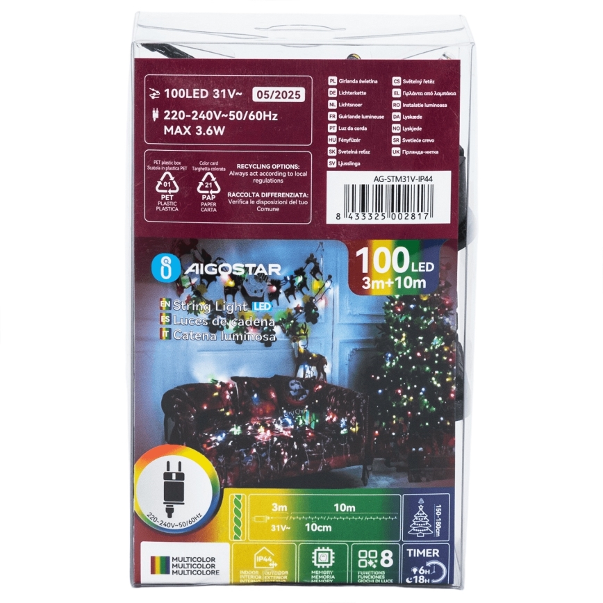Aigostar - LED Venkovní vánoční řetěz 100xLED/8 funkcí 13m IP44 multicolor