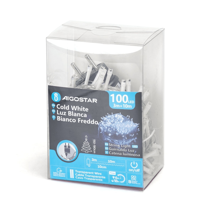 Aigostar - LED Venkovní vánoční řetěz 100xLED/8 funkcí 13m IP44 studená bílá