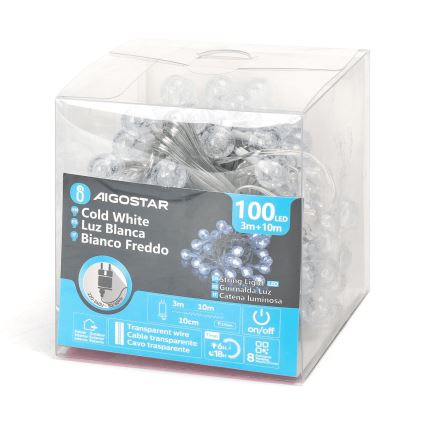 Aigostar - LED Venkovní vánoční řetěz 100xLED/8 funkcí 13m IP44 studená bílá