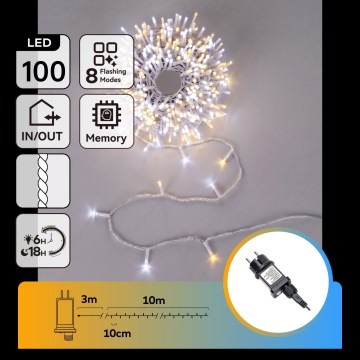Aigostar - LED Venkovní vánoční řetěz 100xLED/8 funkcí 13m IP44 teplá bílá/studená bílá