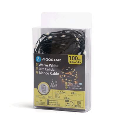 Aigostar - LED Venkovní vánoční řetěz 100xLED/8 funkcí 3xAA 10,3m IP44 teplá bílá