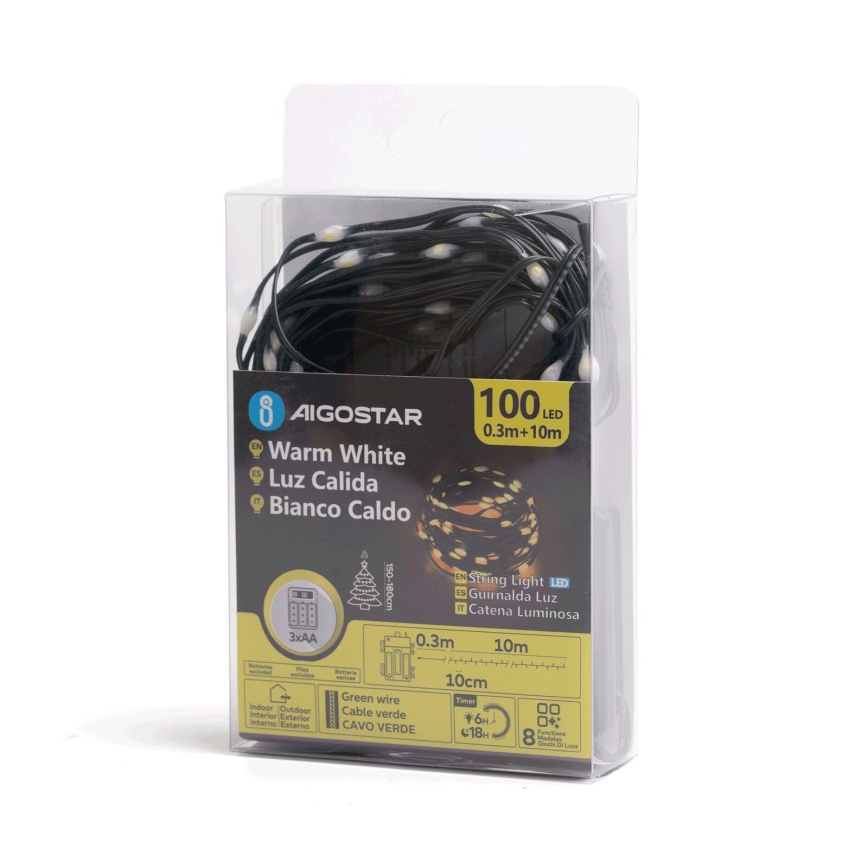 Aigostar - LED Venkovní vánoční řetěz 100xLED/8 funkcí 3xAA 10,3m IP44 teplá bílá
