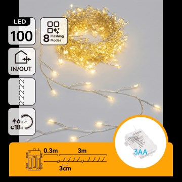 Aigostar - LED Venkovní vánoční řetěz 100xLED/8 funkcí 3xAA 3,3m IP44 teplá bílá