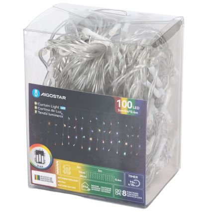 Aigostar-LED Venkovní vánoční řetěz 100xLED/8 funkcí 3xAA 8x0,4m IP44 multicolor