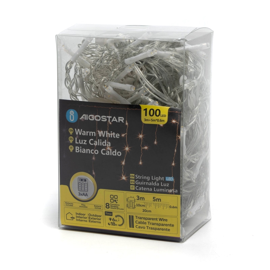Aigostar-LED Venkovní vánoční řetěz 100xLED/8 funkcí 3xAA 8x0,6m IP44 teplá bílá