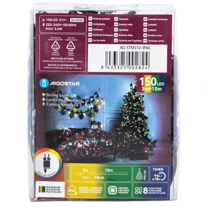 Aigostar - LED Venkovní vánoční řetěz 150xLED/8 funkcí 18m IP44 multicolor
