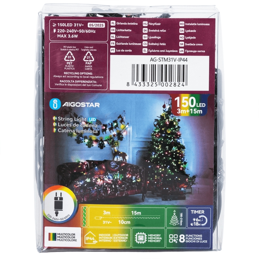 Aigostar - LED Venkovní vánoční řetěz 150xLED/8 funkcí 18m IP44 multicolor