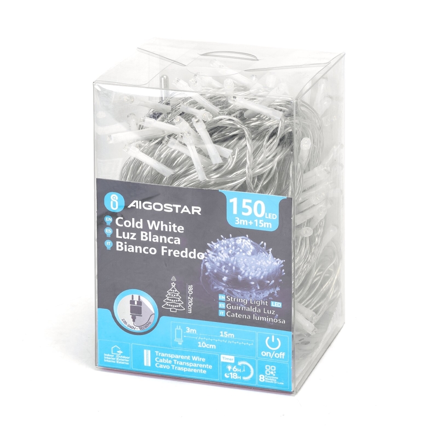 Aigostar - LED Venkovní vánoční řetěz 150xLED/8 funkcí 18m IP44 studená bílá