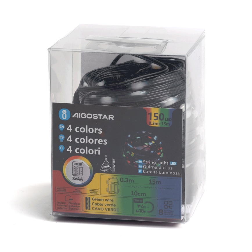 Aigostar -LED Venkovní vánoční řetěz 150xLED/8 funkcí 3xAA 15,3m IP44 multicolor