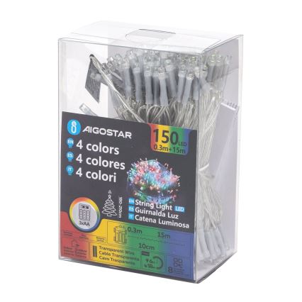 Aigostar -LED Venkovní vánoční řetěz 150xLED/8 funkcí 3xAA 15,3m IP44 multicolor