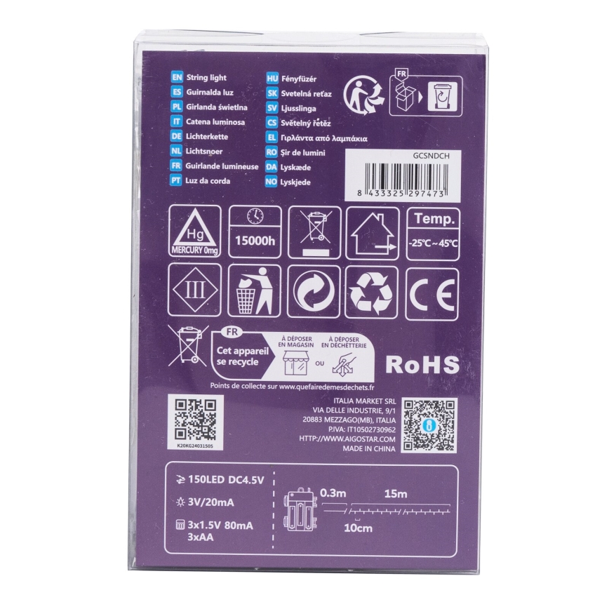 Aigostar -LED Venkovní vánoční řetěz 150xLED/8 funkcí 3xAA 15,3m IP44 multicolor