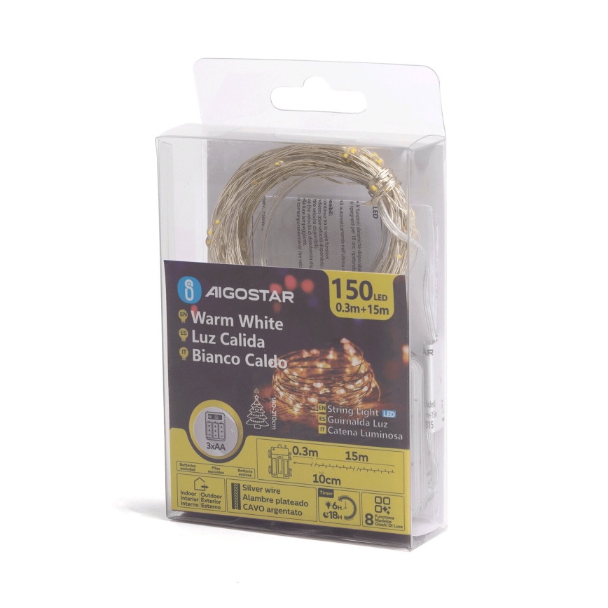 Aigostar -LED Venkovní vánoční řetěz 150xLED/8 funkcí 3xAA 15,3m IP44 teplá bílá