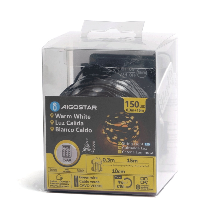 Aigostar -LED Venkovní vánoční řetěz 150xLED/8 funkcí 3xAA 15,3m IP44 teplá bílá