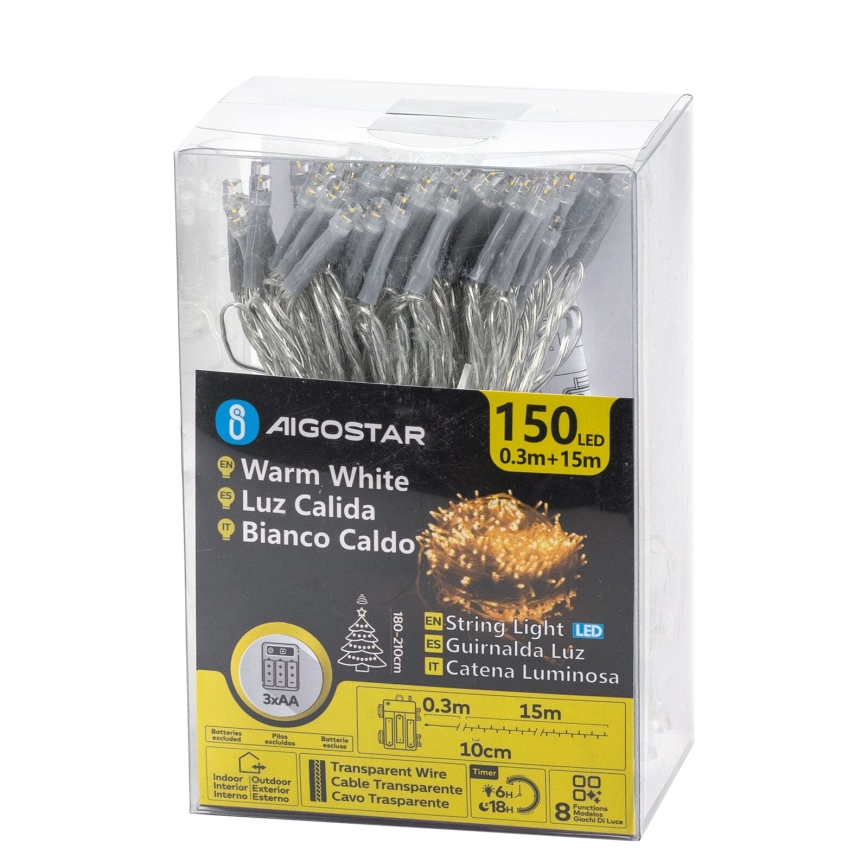 Aigostar -LED Venkovní vánoční řetěz 150xLED/8 funkcí 3xAA 15,3m IP44 teplá bílá