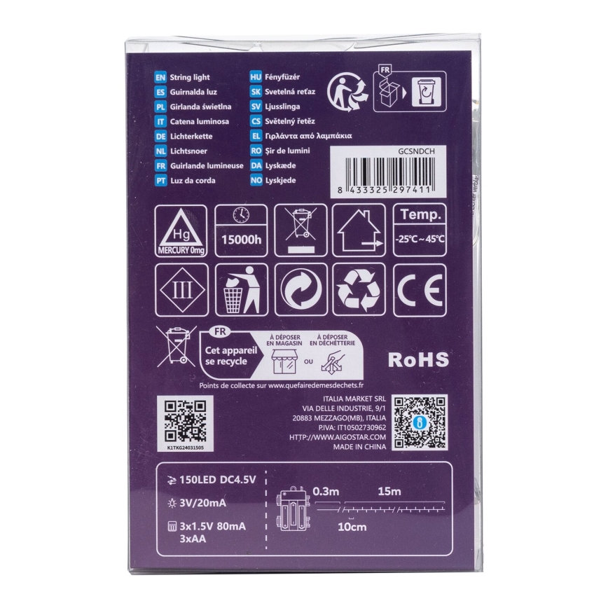 Aigostar -LED Venkovní vánoční řetěz 150xLED/8 funkcí 3xAA 15,3m IP44 teplá bílá