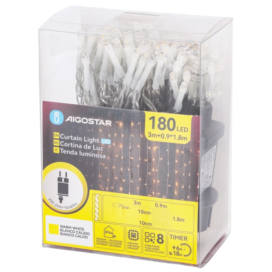 Aigostar - LED Venkovní vánoční řetěz 180xLED/8 funkcí 3,9x1,8m IP44 teplá bílá