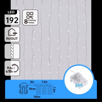Aigostar - LED Venkovní vánoční řetěz 192xLED/8 funkcí 3xAA 4,5x1,2m IP44 studená bílá