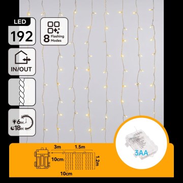 Aigostar - LED Venkovní vánoční řetěz 192xLED/8 funkcí 3xAA 4,5x1,2m IP44 teplá bílá