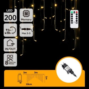 Aigostar - LED Venkovní vánoční řetěz 200xLED/6W/230V/8 funkcí 3x1m IP44 teplá bílá + dálkové ovládání