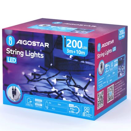 Aigostar - LED Venkovní vánoční řetěz 200xLED/8 funkcí 13m IP44 studená bílá