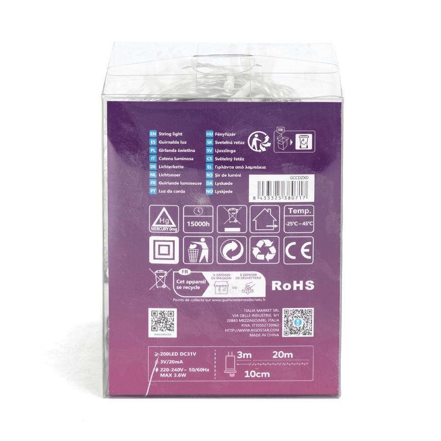 Aigostar - LED Venkovní vánoční řetěz 200xLED/8 funkcí 23m IP44 studená bílá