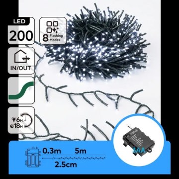 Aigostar - LED Venkovní vánoční řetěz 200xLED/8 funkcí 3xAA 5,3 m IP44 studená bílá