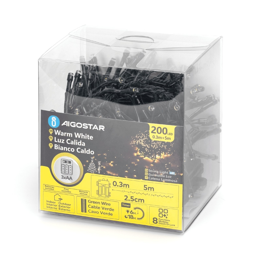 Aigostar - LED Venkovní vánoční řetěz 200xLED/8 funkcí 3xAA 5,3m IP44 teplá bílá
