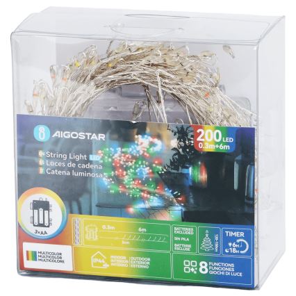Aigostar - LED Venkovní vánoční řetěz 200xLED/8 funkcí 3xAA 6,3m IP44 multicolor