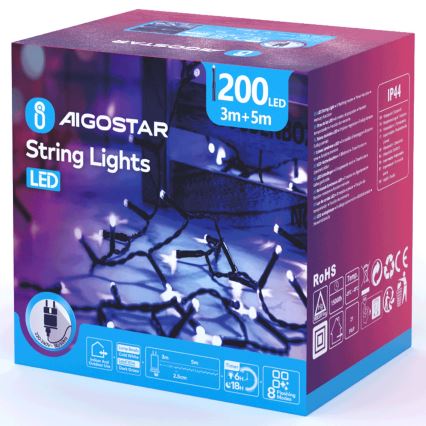 Aigostar - LED Venkovní vánoční řetěz 200xLED/8 funkcí 8m IP44 studená bílá