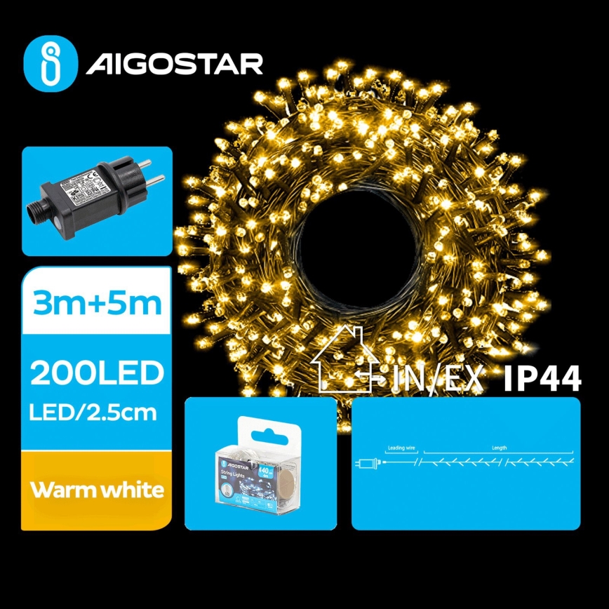 Aigostar - LED Venkovní vánoční řetěz 200xLED/8 funkcí 8m IP44 teplá bílá