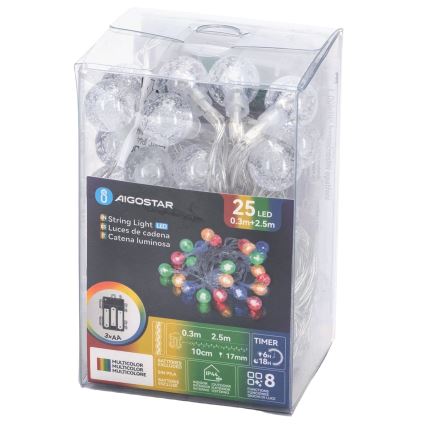 Aigostar - LED Venkovní vánoční řetěz 25xLED/8 funkcí 3xAA 2,8m IP44 multicolor