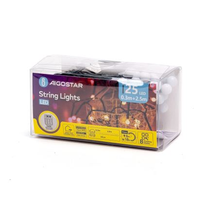 Aigostar - LED Venkovní vánoční řetěz 25xLED/8 funkcí 3xAA 2,8m IP44 teplá bílá