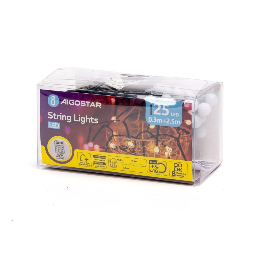 Aigostar - LED Venkovní vánoční řetěz 25xLED/8 funkcí 3xAA 2,8m IP44 teplá bílá